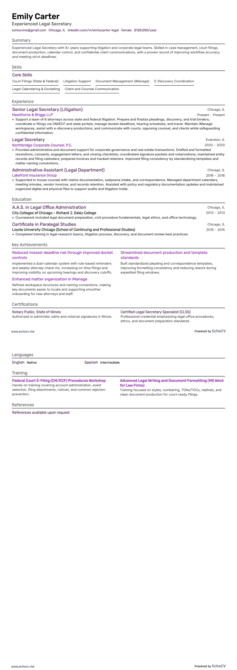 Prévia completa de Secretária Jurídica Experiente