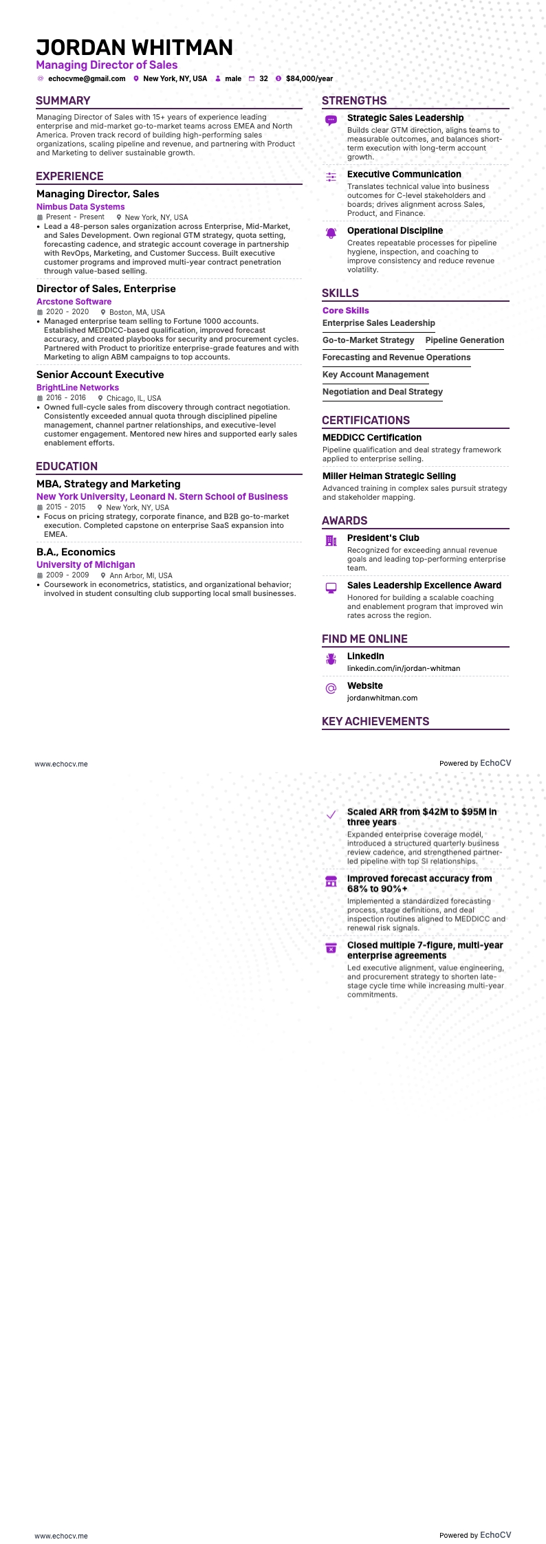 销售总经理 example resume