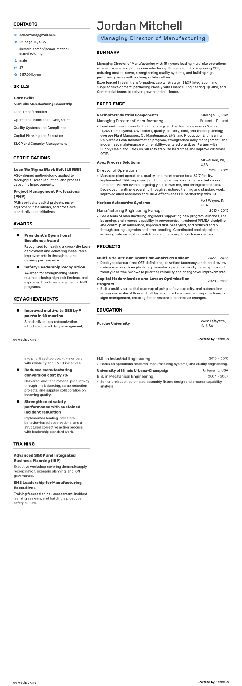 制造总经理 example resume