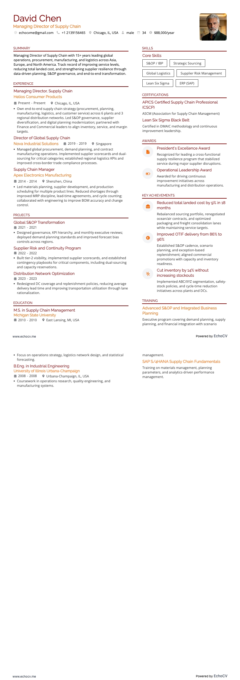 供应链总经理 example resume