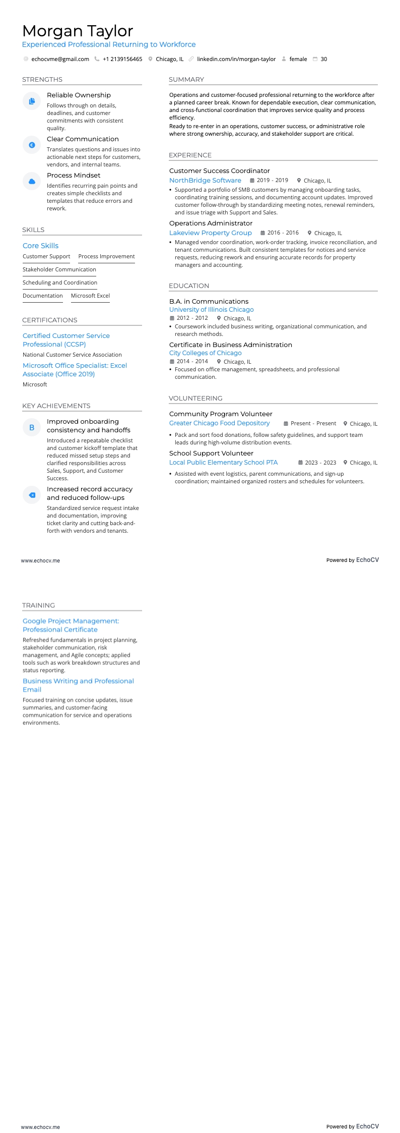 Experienced Professional Returning to Workforce example resume