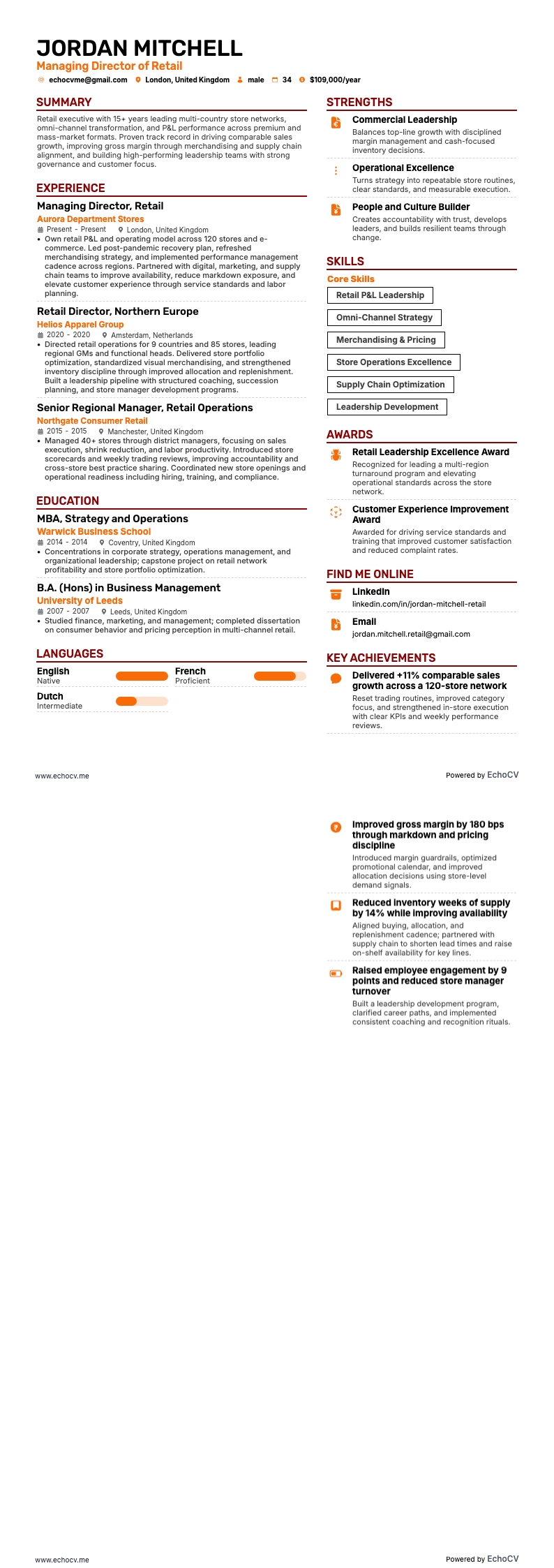 零售业务董事总经理 example resume