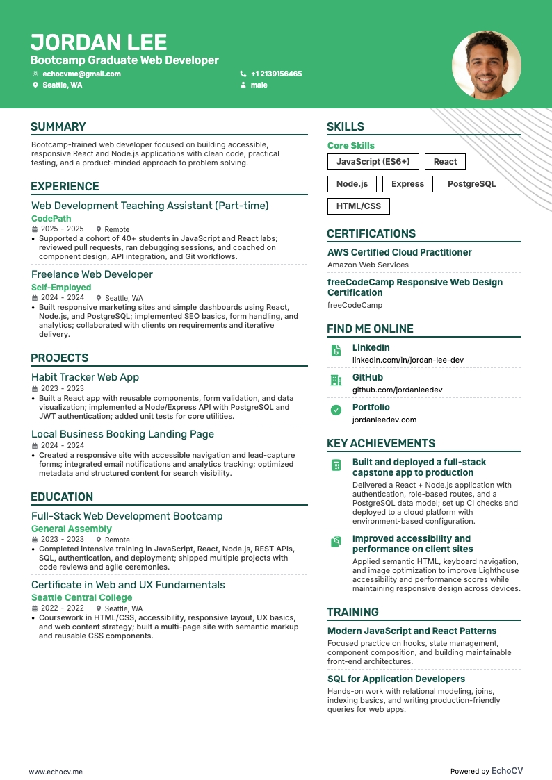 Bootcamp Graduate Web Developer example resume