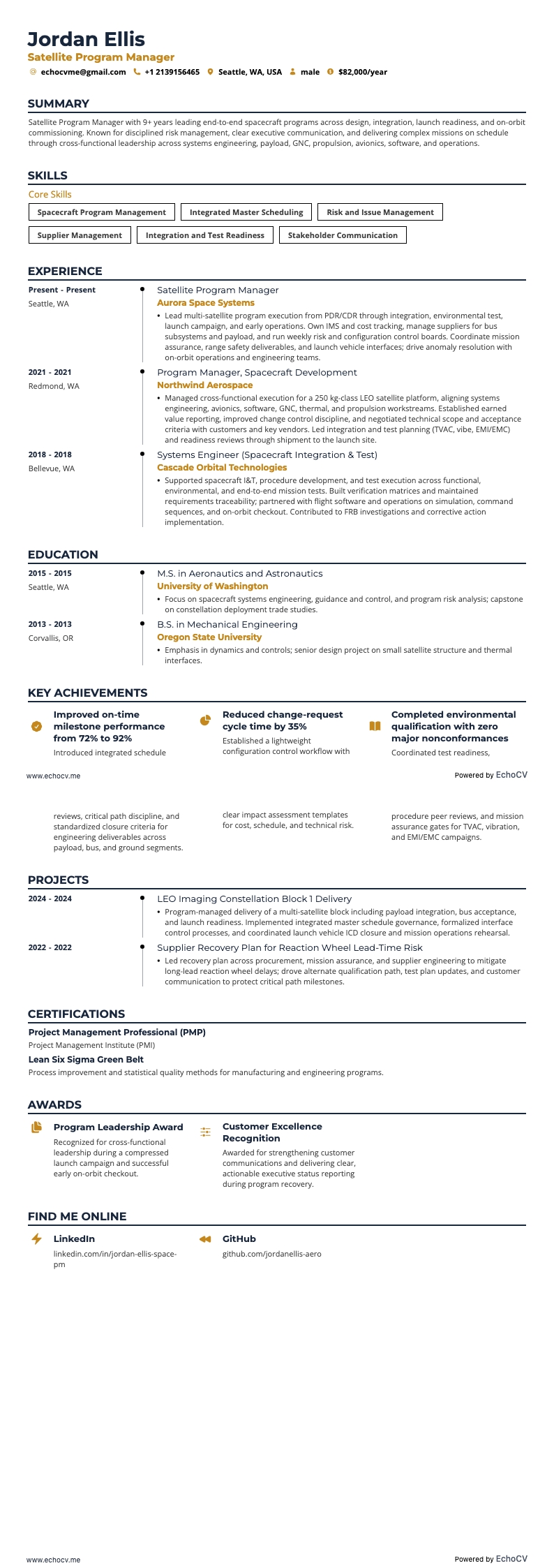 Gerente de Programas Satelitales example resume