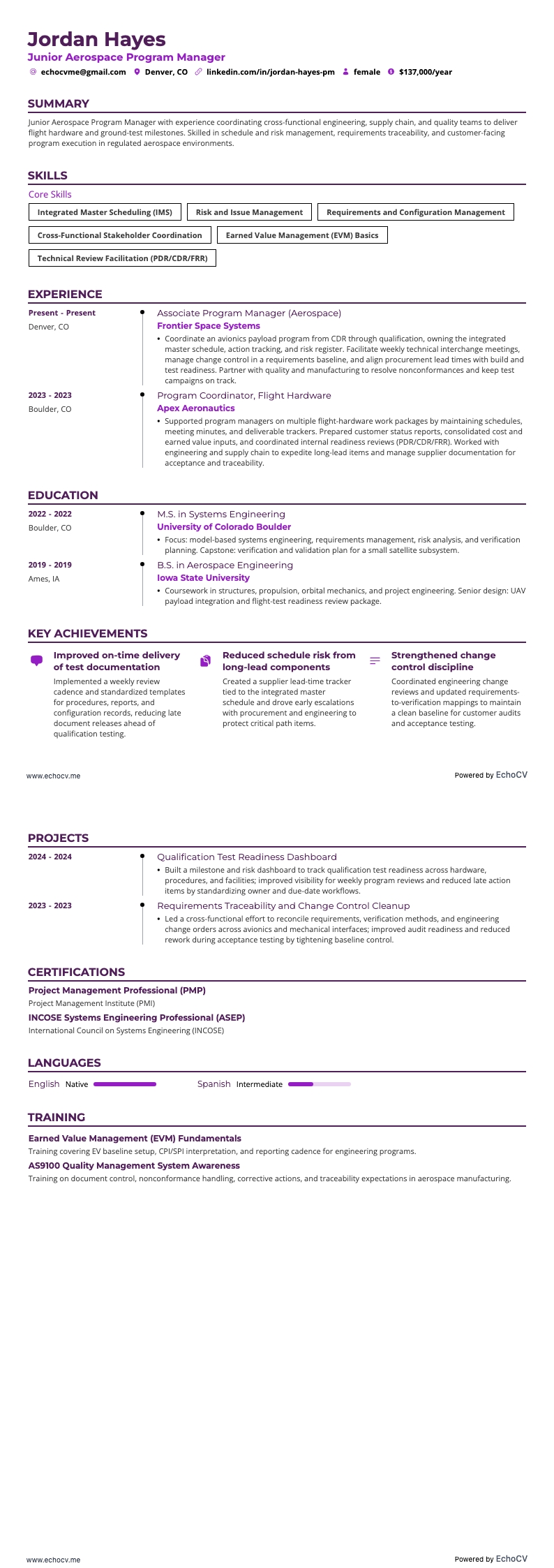 Gerente de Programas Aeroespaciales Junior example resume