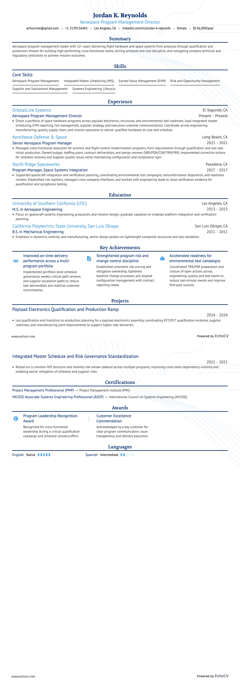 Gerente de Programas Aeroespaciales resume example