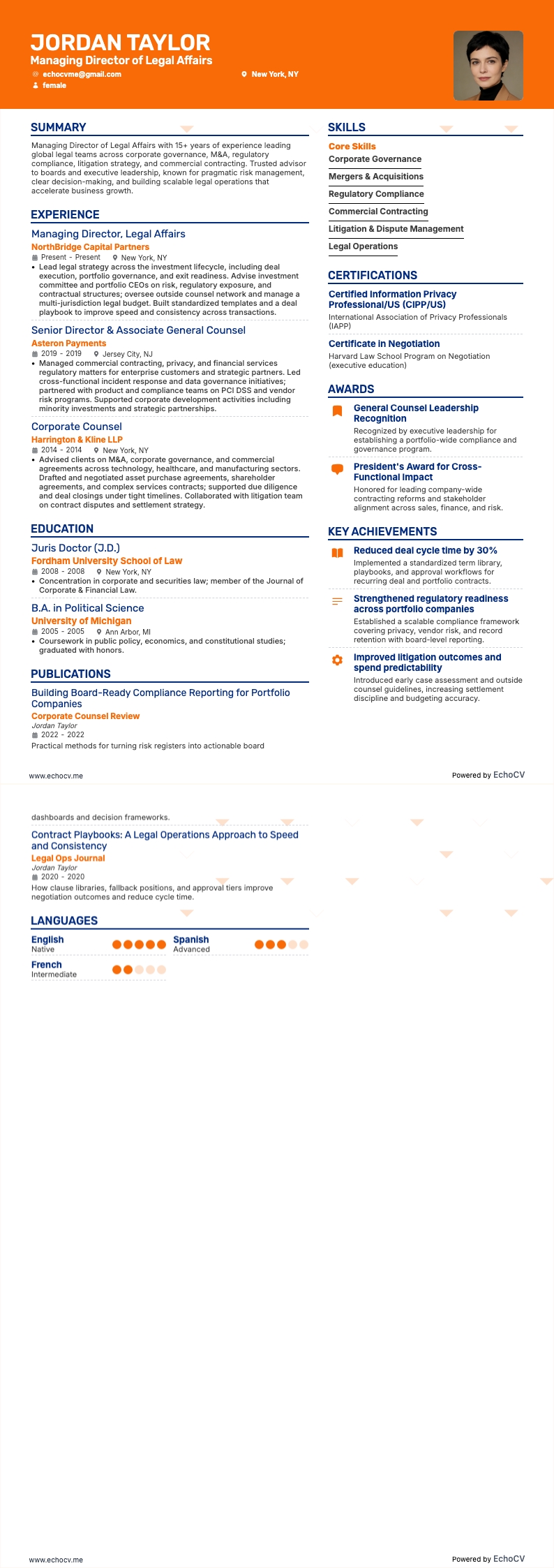 法务总经理 example resume