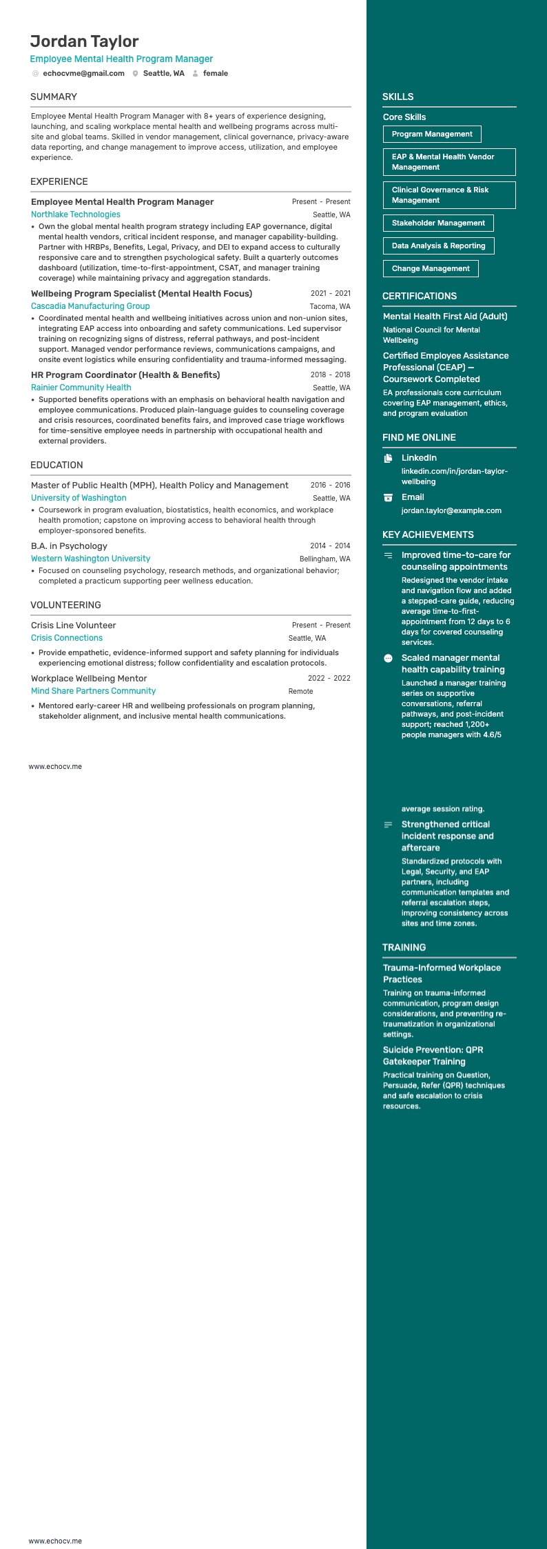 Employee Mental Health Program Manager example resume