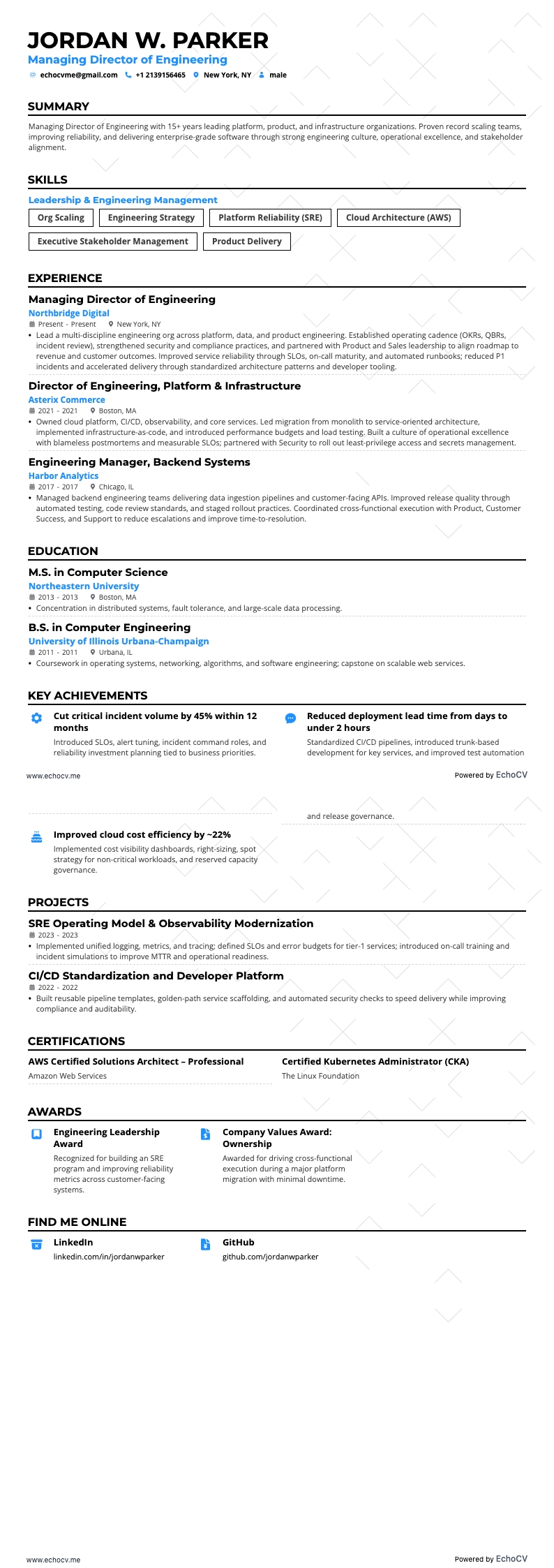 工程董事总经理 example resume