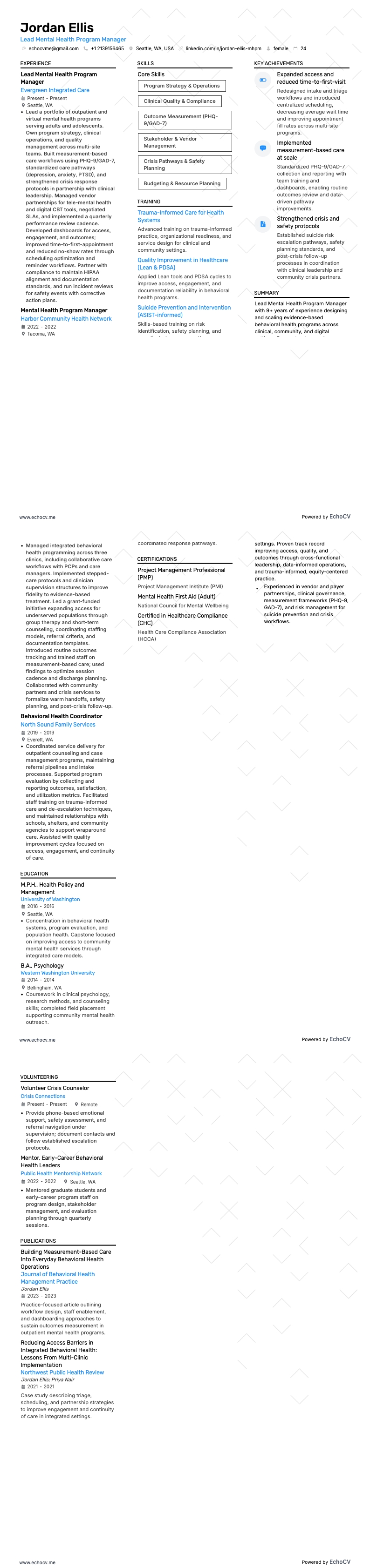 Lead Mental Health Program Manager example resume