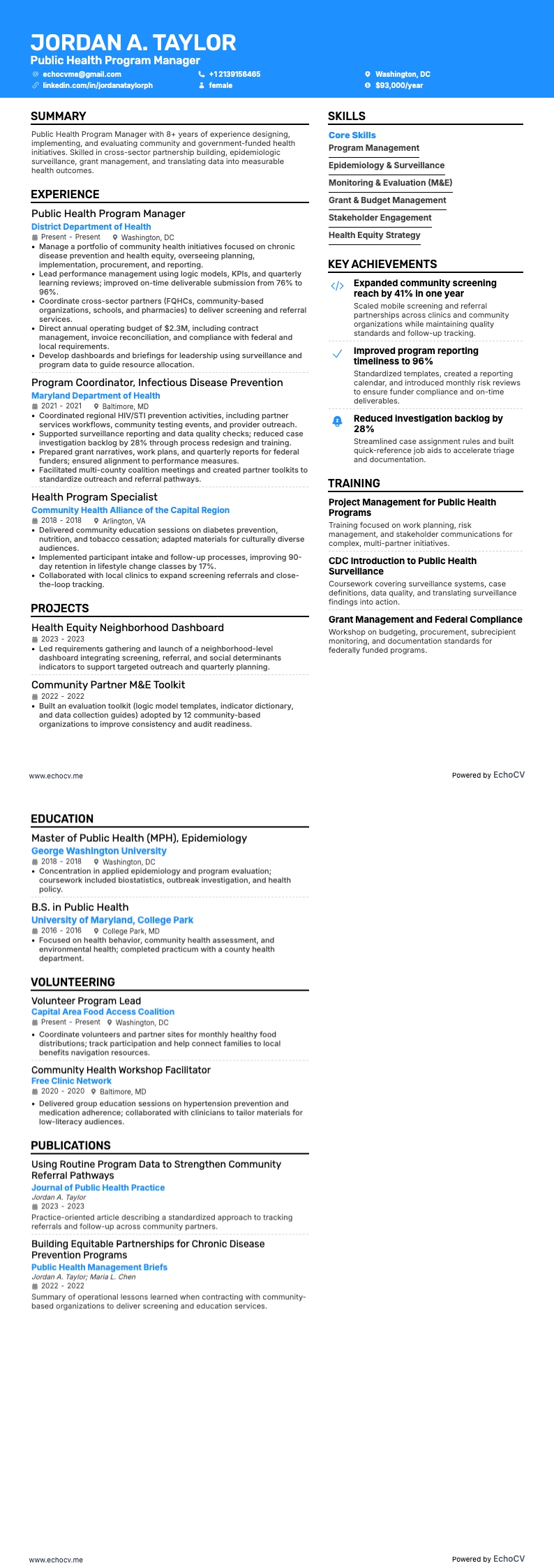 Public Health Program Manager example resume