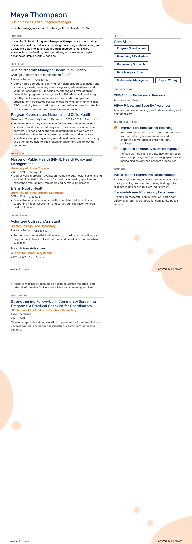 Junior Public Health Program Manager example resume