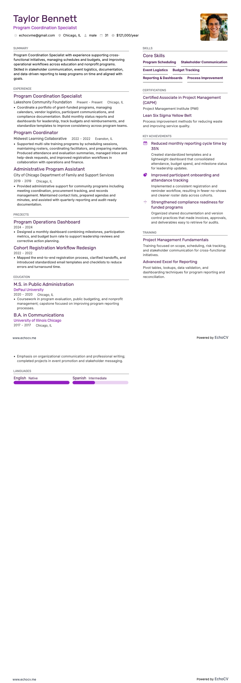 Coordinador de programas resume example