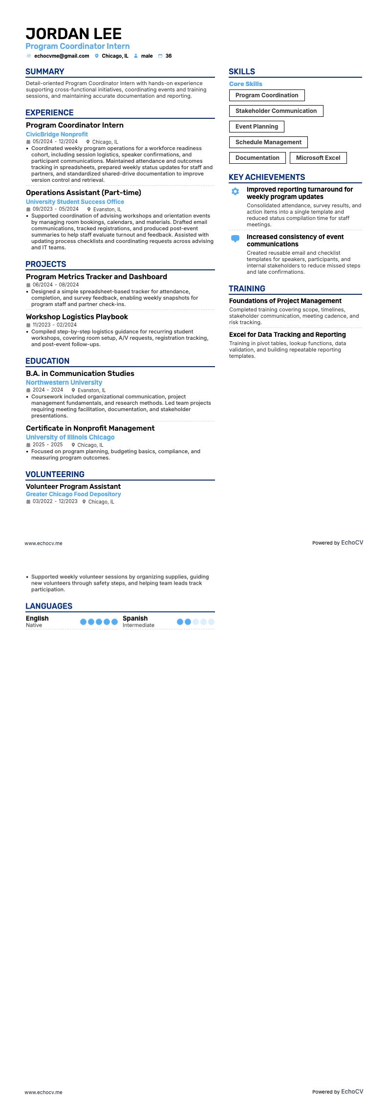 项目协调员 resume example