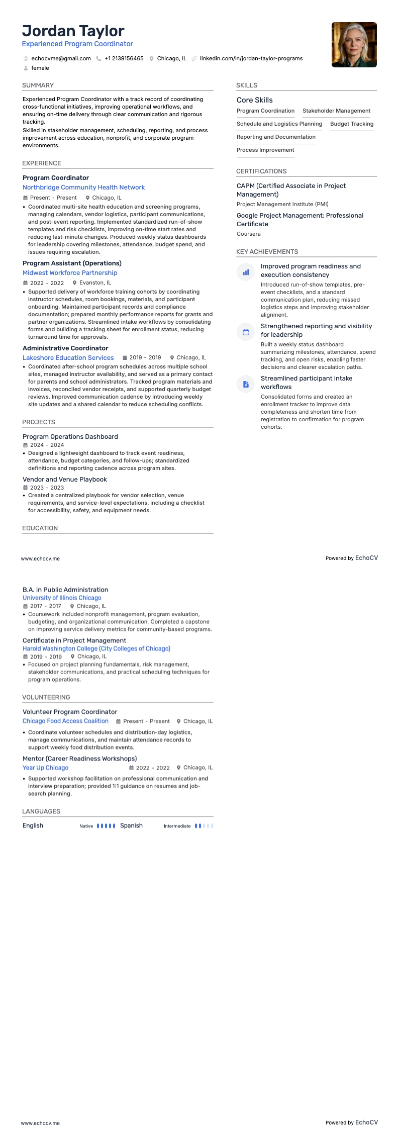 Coordinatore di programma resume example