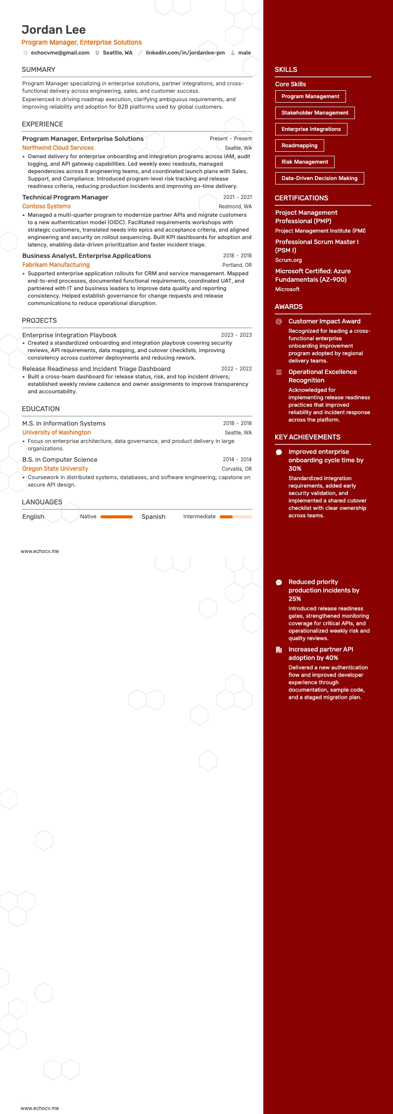 微軟專案經理 resume example