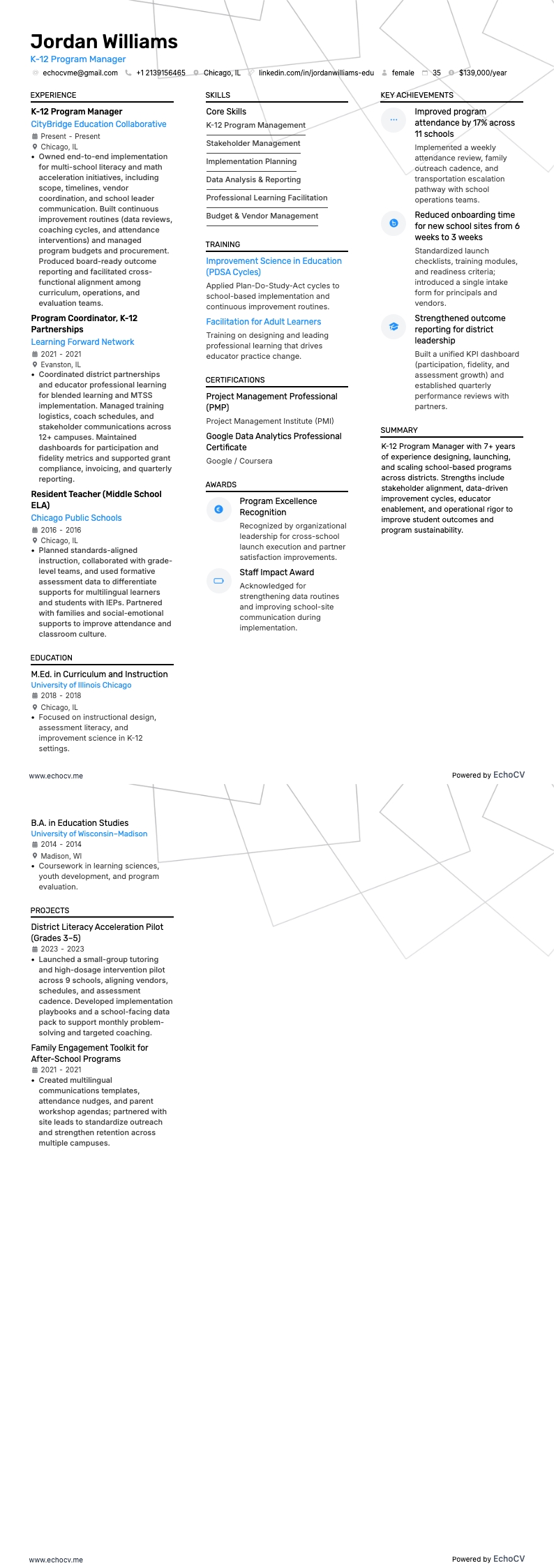 Education Program Manager resume example