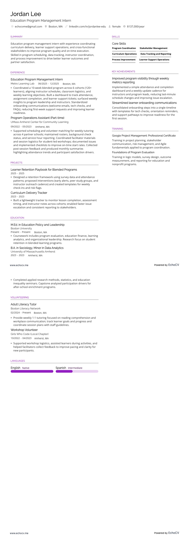 교육 프로그램 매니저 resume example