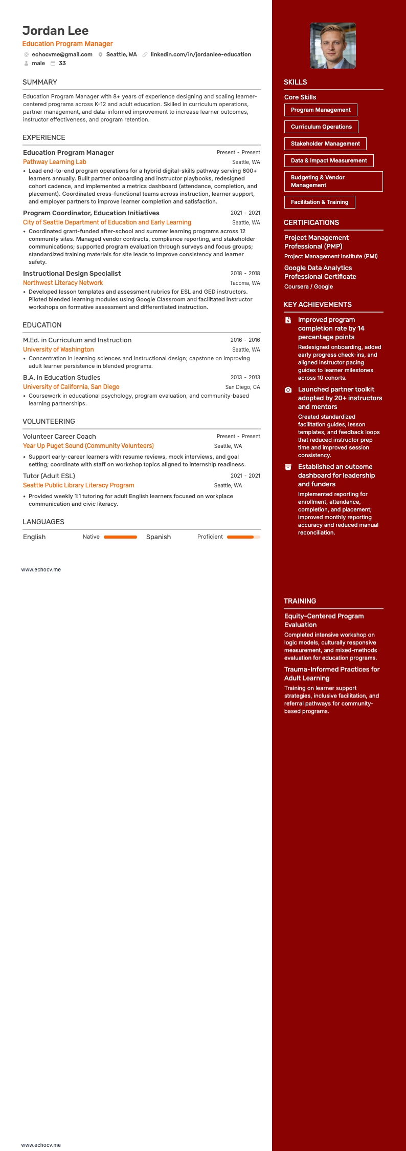 Education Program Manager example resume