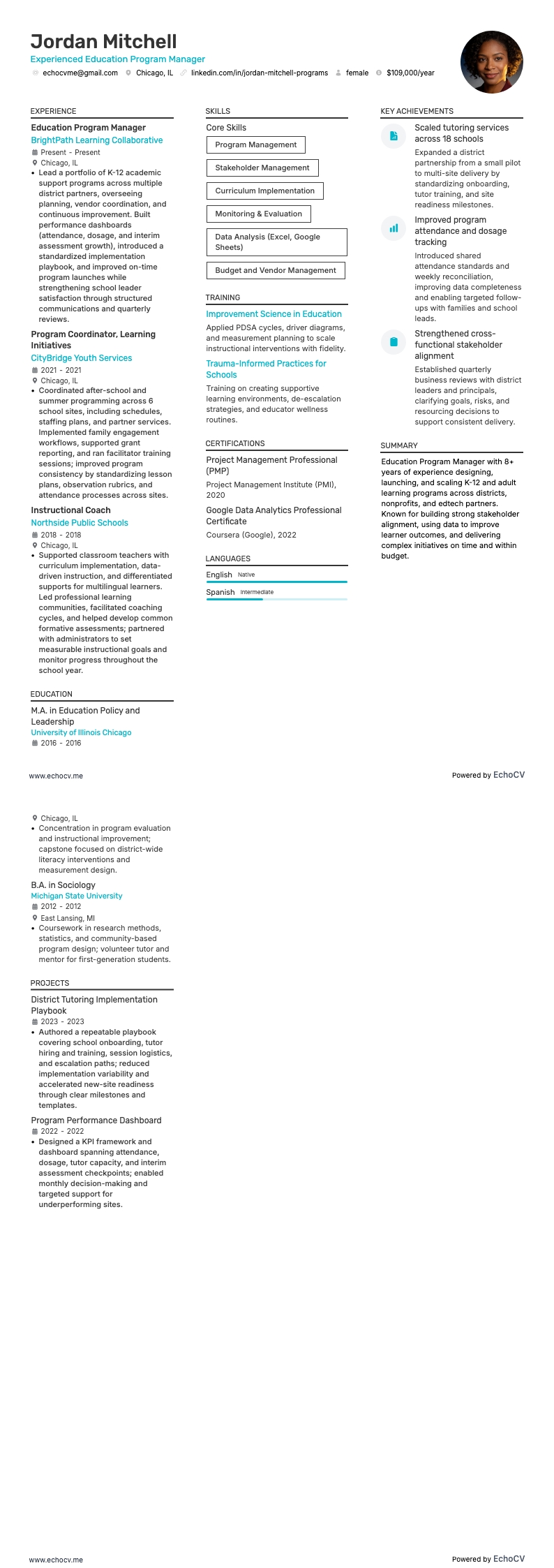 Quản lý Chương trình Giáo dục resume example