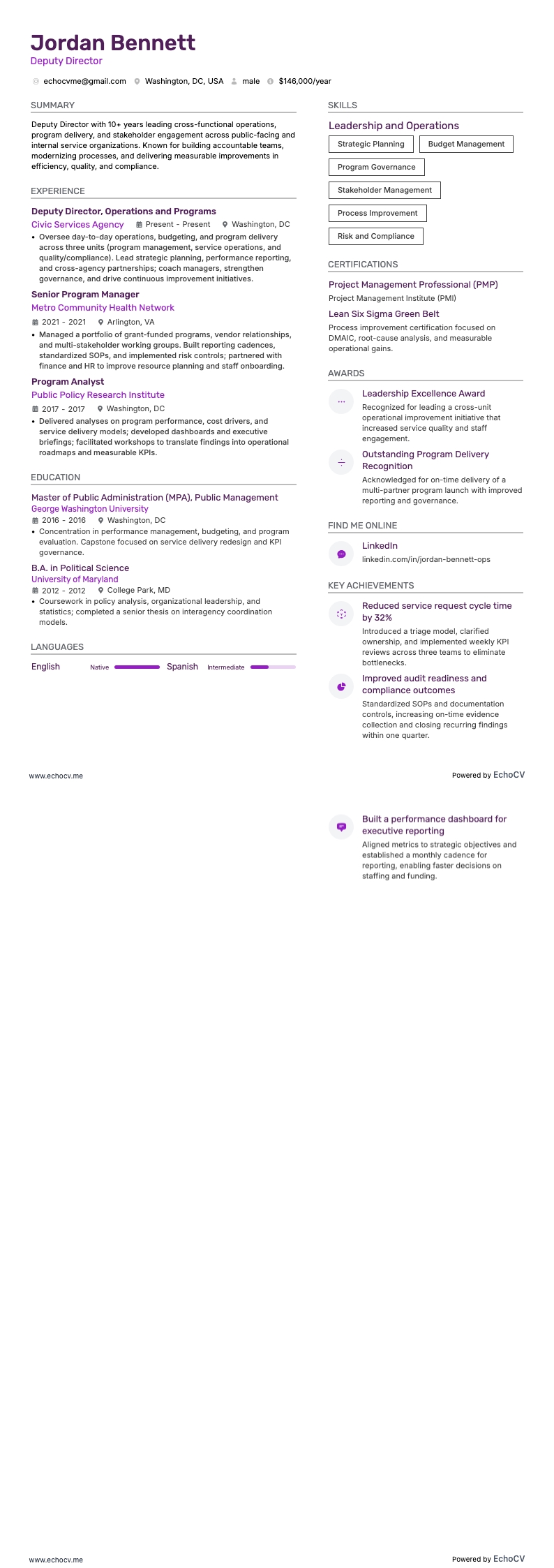 副主任 example resume