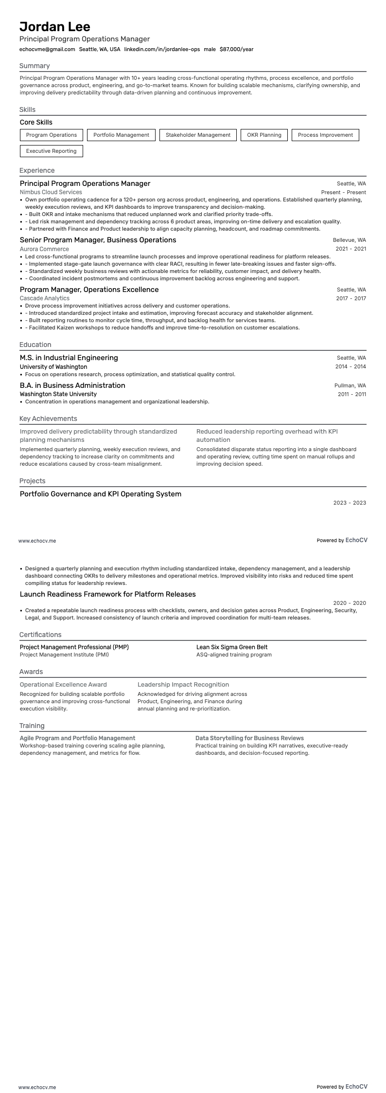 수석 프로그램 운영 관리자 example resume