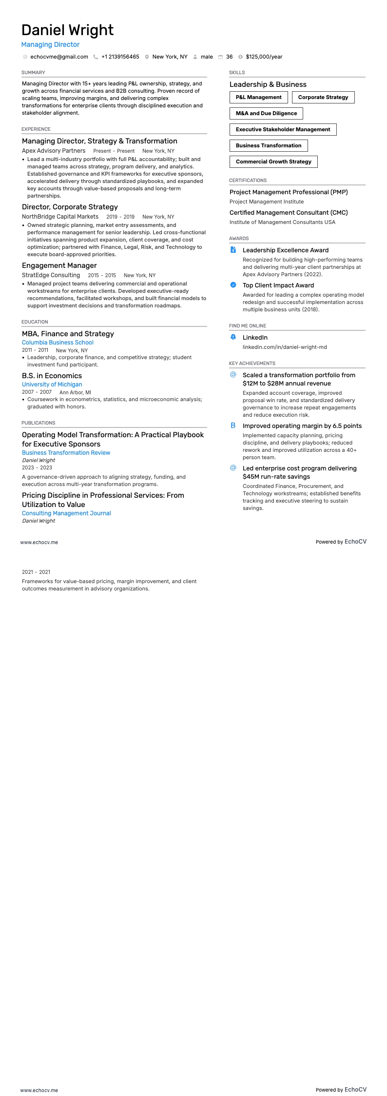 總經理 example resume