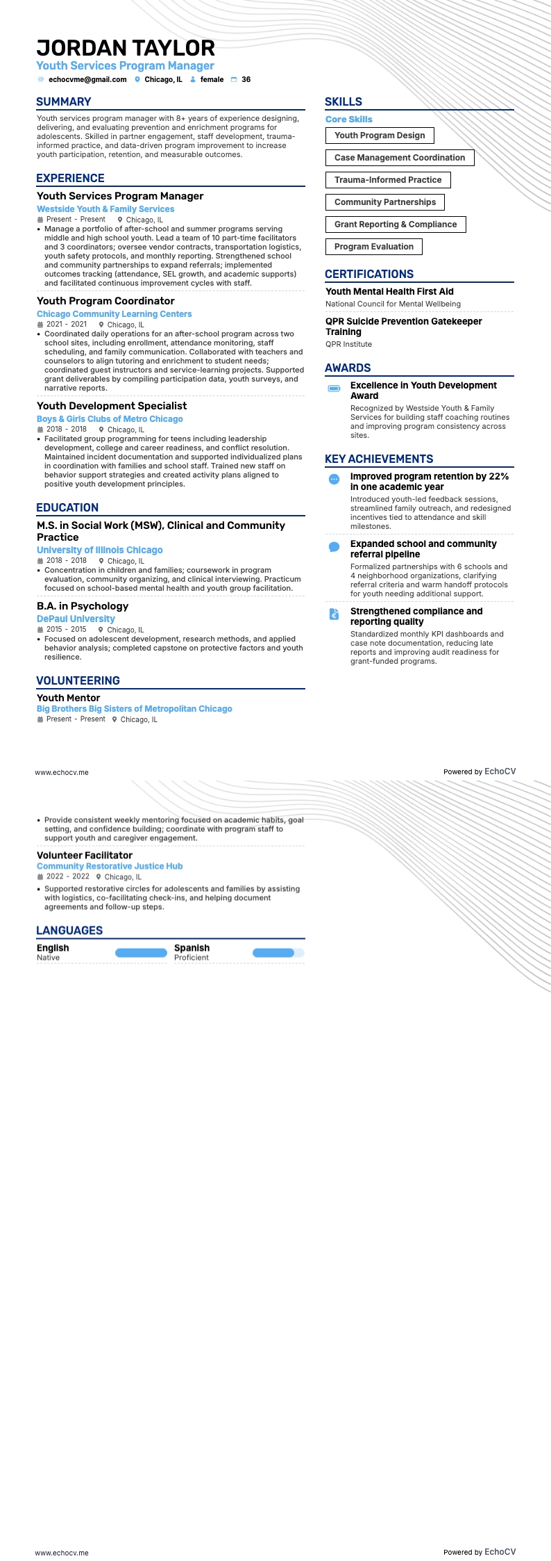 青年計畫經理 resume example