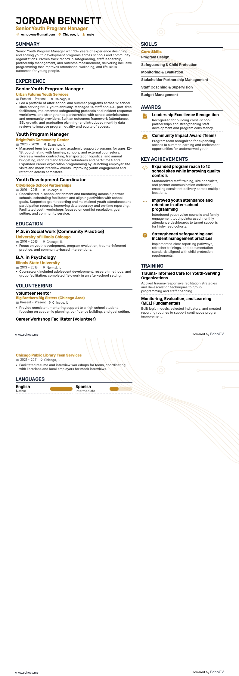 資深青年計畫經理 example resume