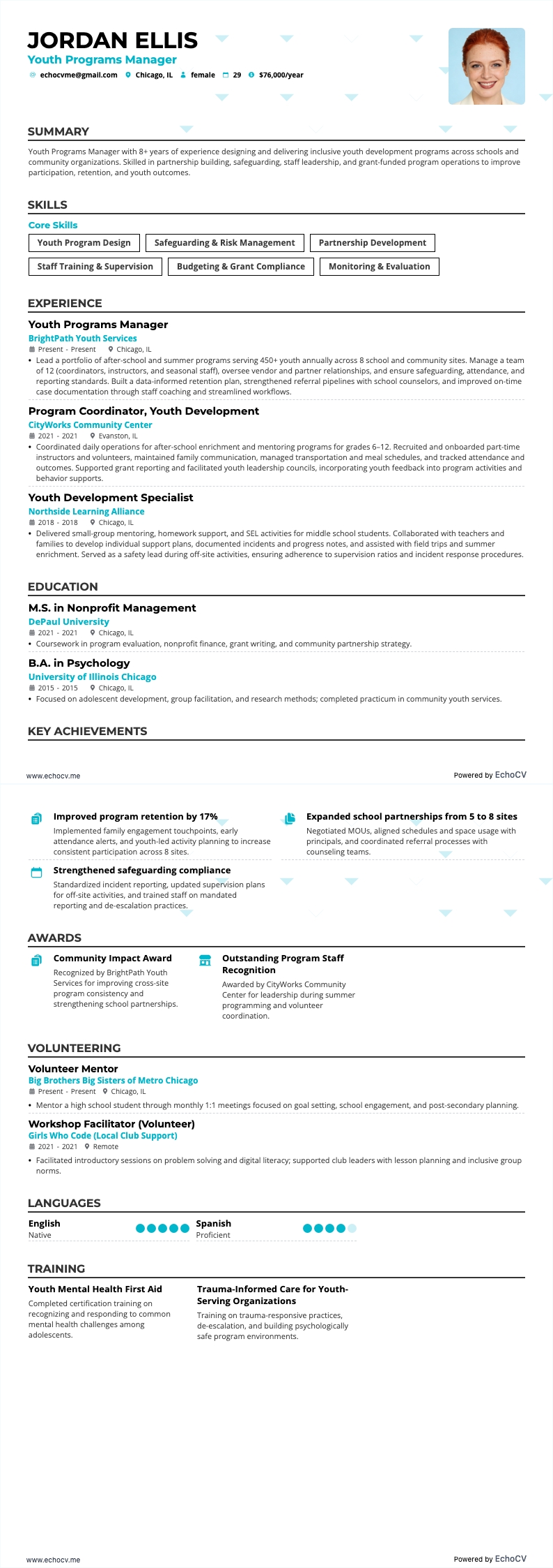 청소년 프로그램 매니저 resume example