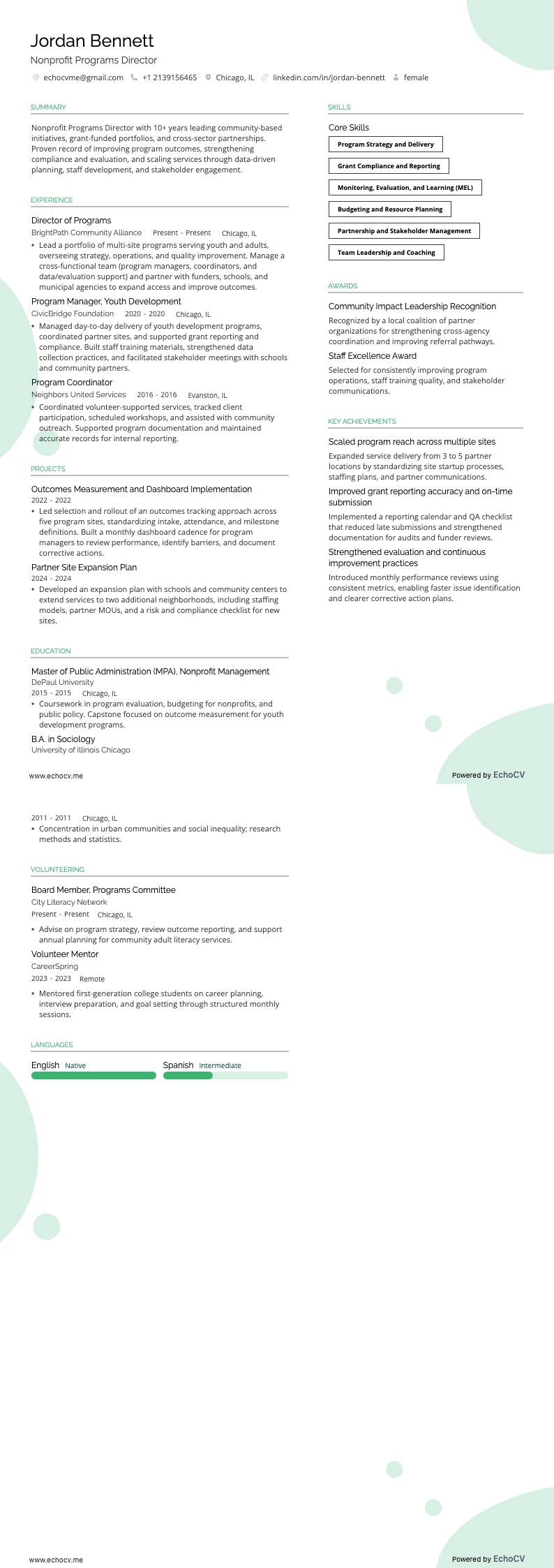 Diretor de Programas sem Fins Lucrativos example resume