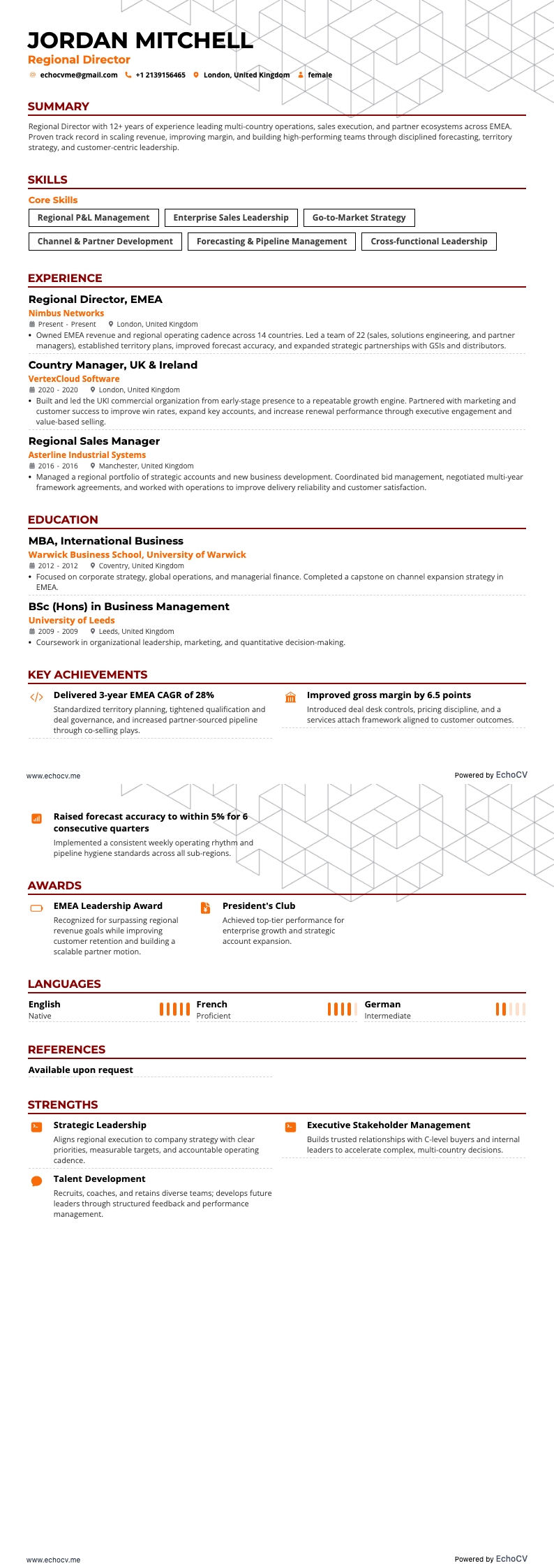 區域總監 example resume