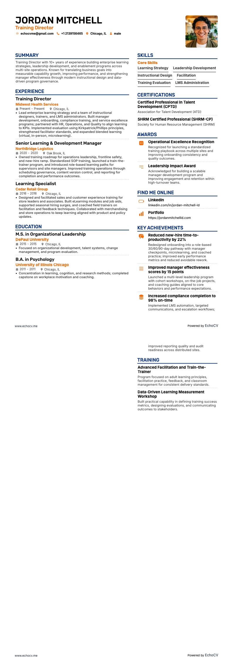 培訓總監 example resume