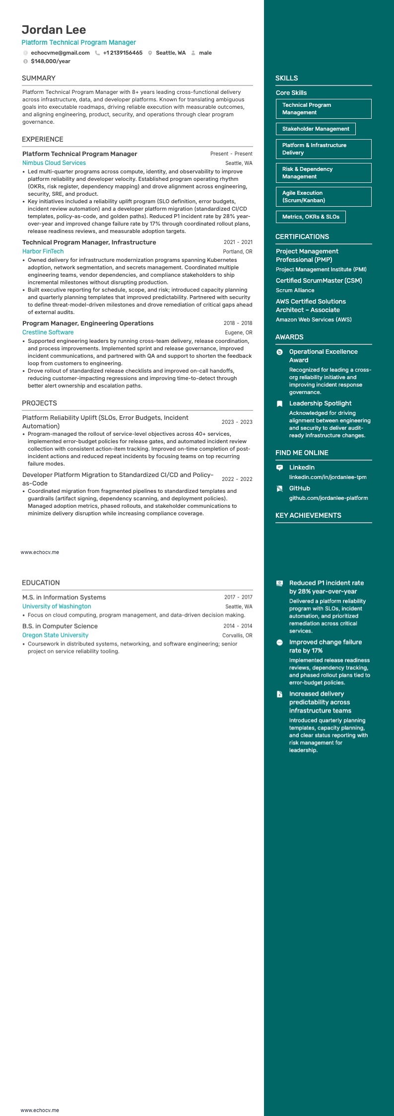 テクニカルプログラムマネージャー resume example