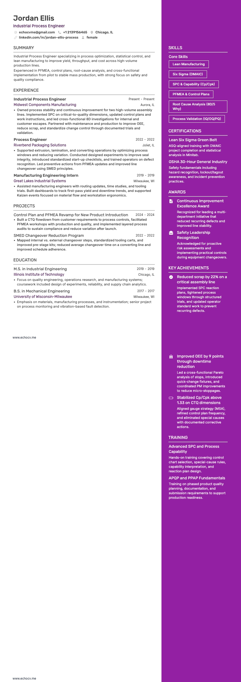 Ingénieur en procédés industriels example resume