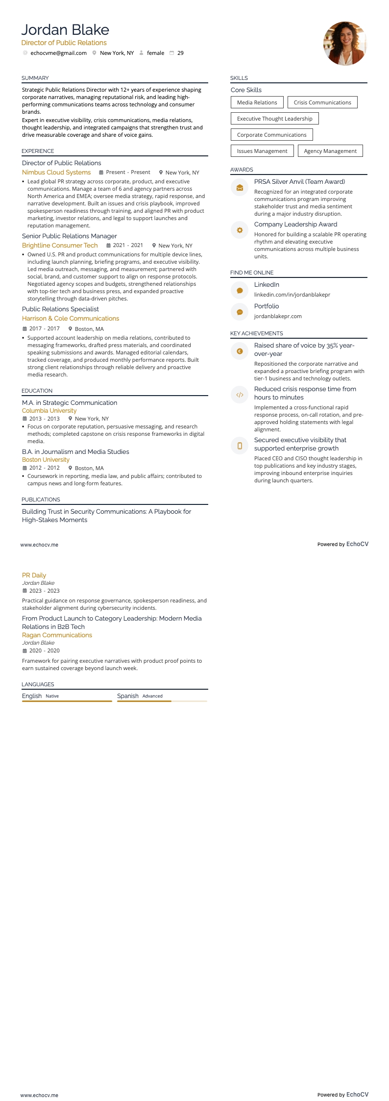 公共關係總監 example resume