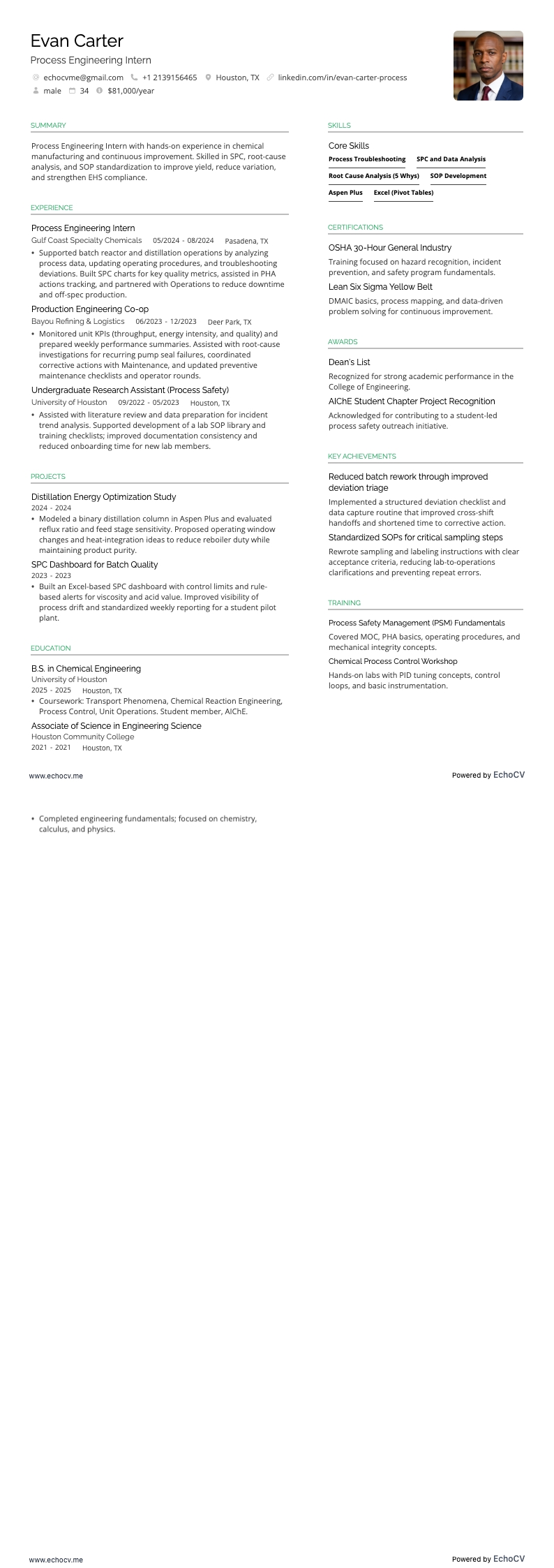 Stagiaire en génie des procédés example resume