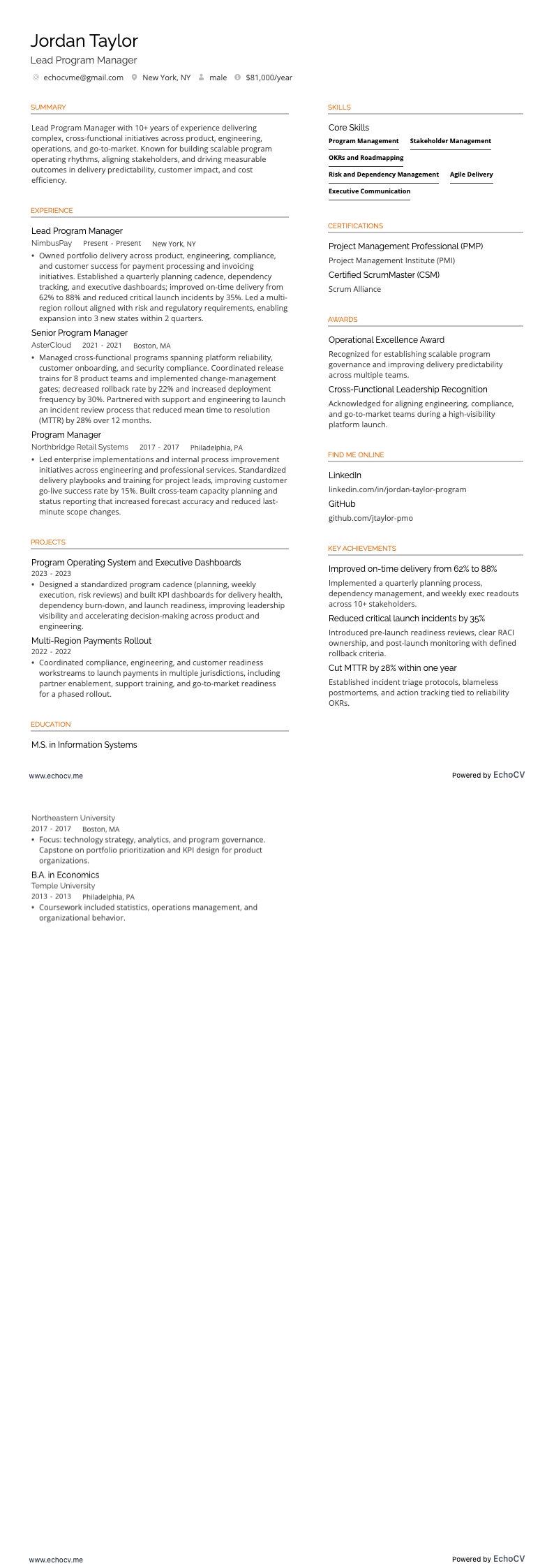 Senior programmamanager resume example