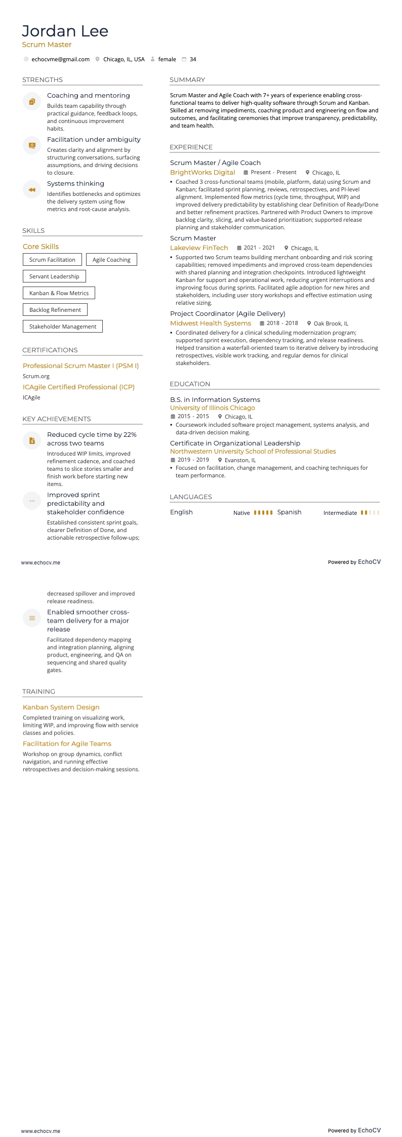 Scrum Master example resume