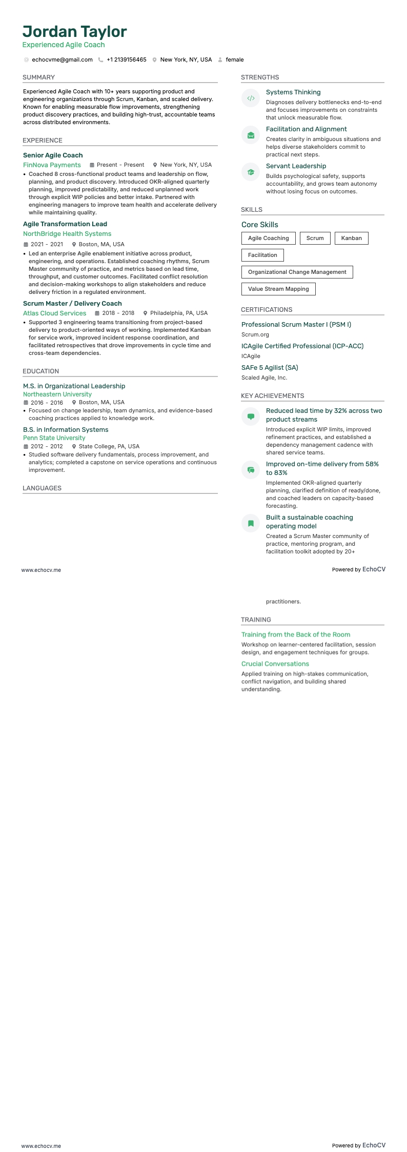 Huấn luyện viên Agile giàu kinh nghiệm resume example