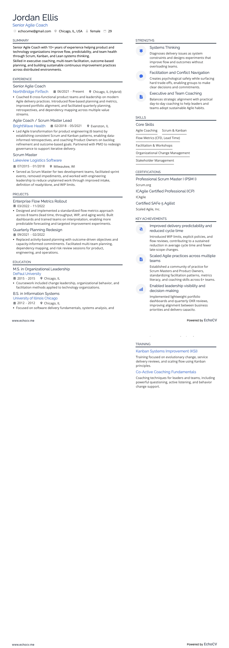 Huấn luyện viên Agile cao cấp example resume