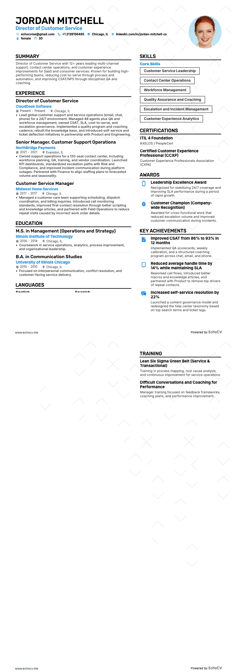 客戶服務總監 example resume