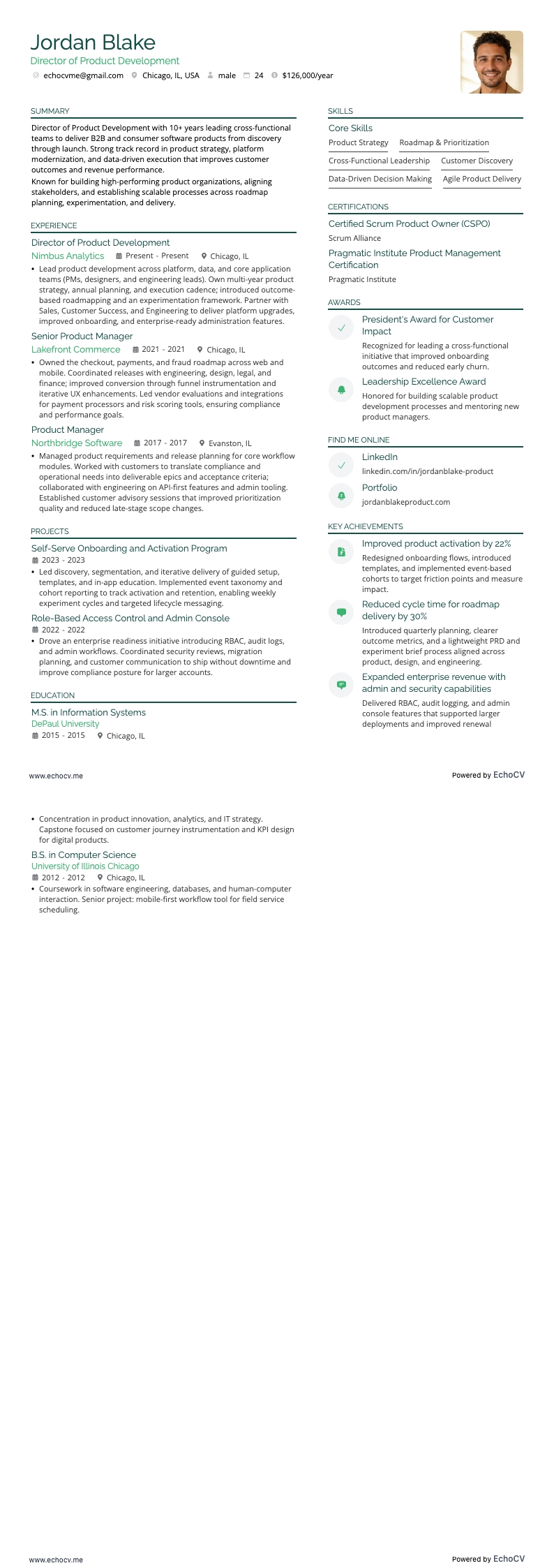 產品開發總監 example resume