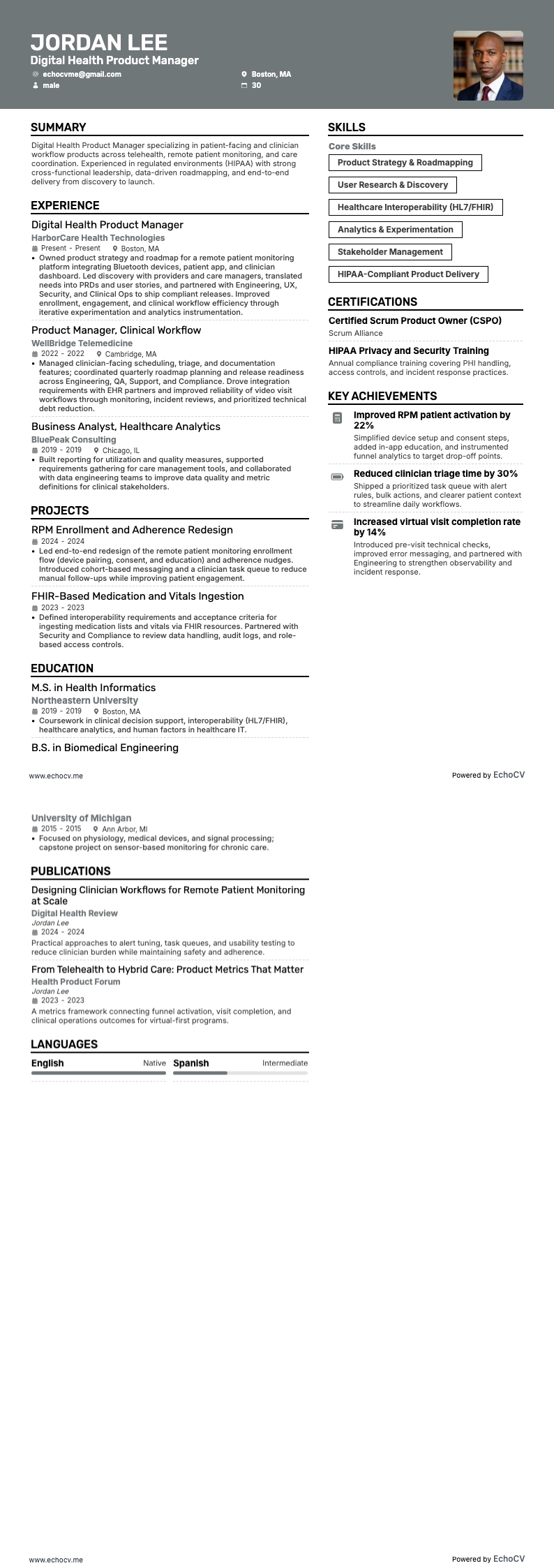 Productmanager gezondheidszorg resume example