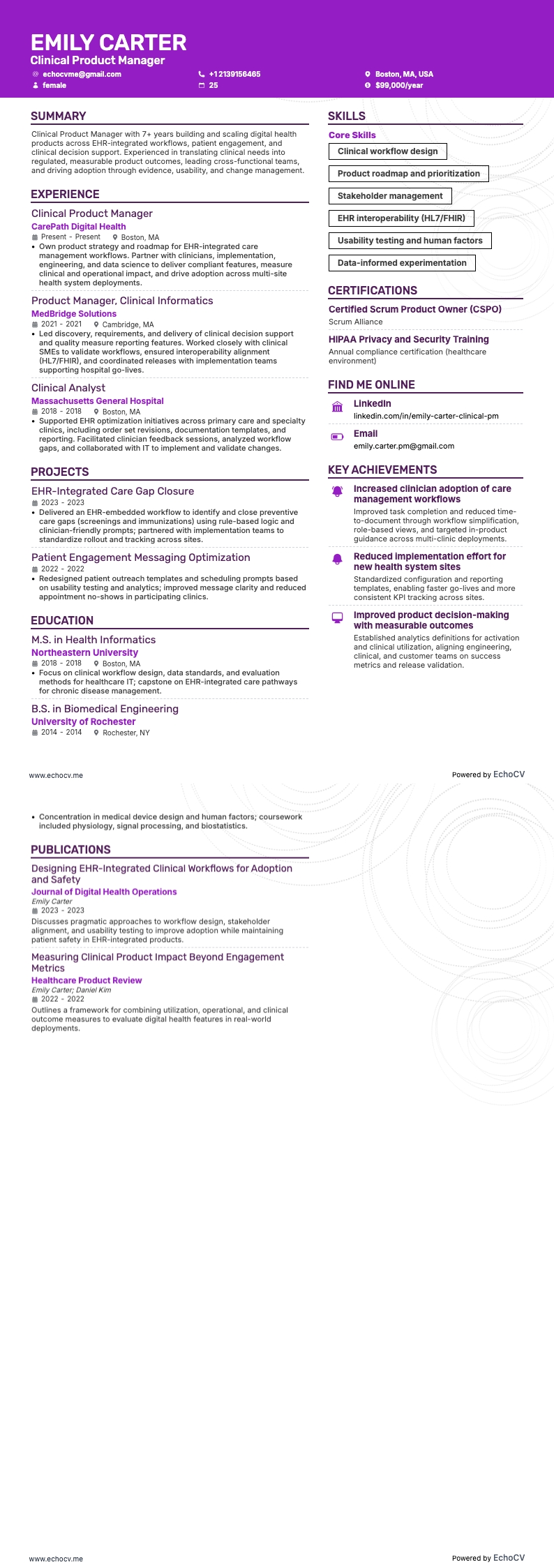 ヘルスケア製品マネージャー resume example