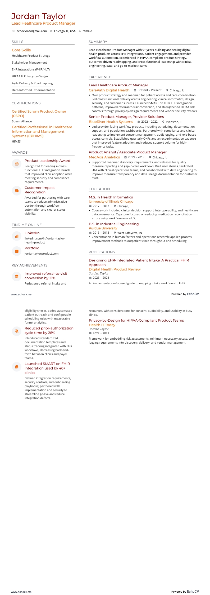 Lead productmanager gezondheidszorg volledige voorbeeldweergave