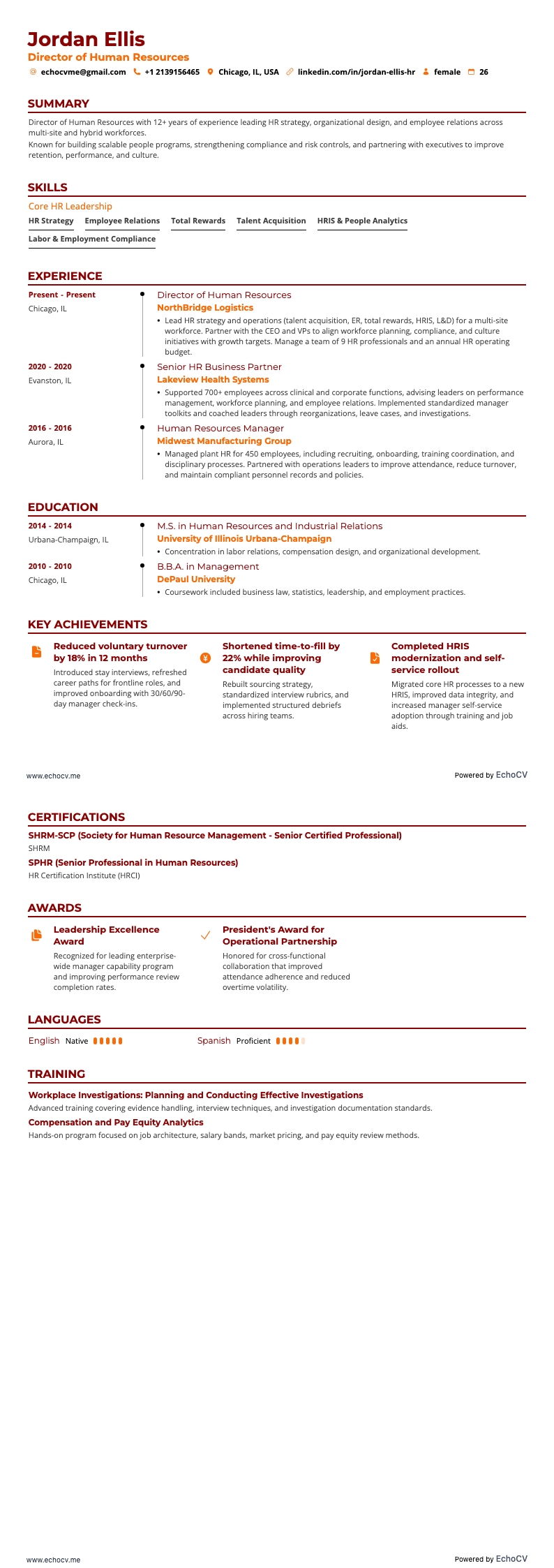 人力資源總監 example resume