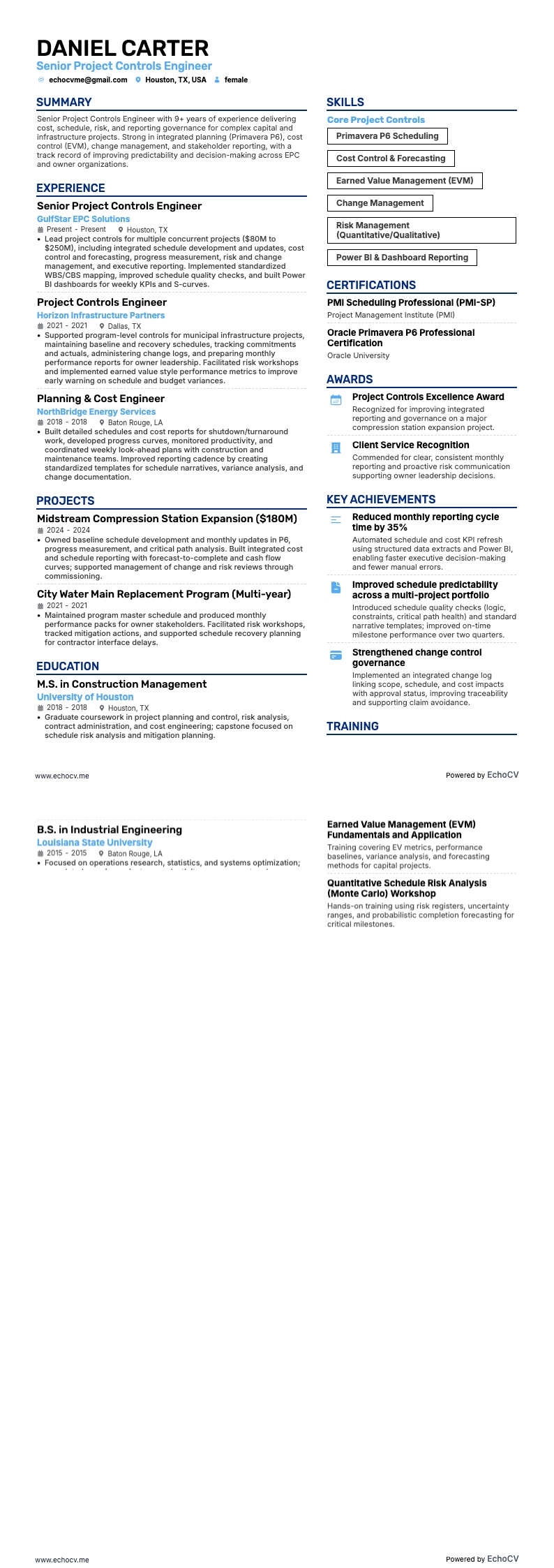 Senior projectbeheersingsingenieur example resume