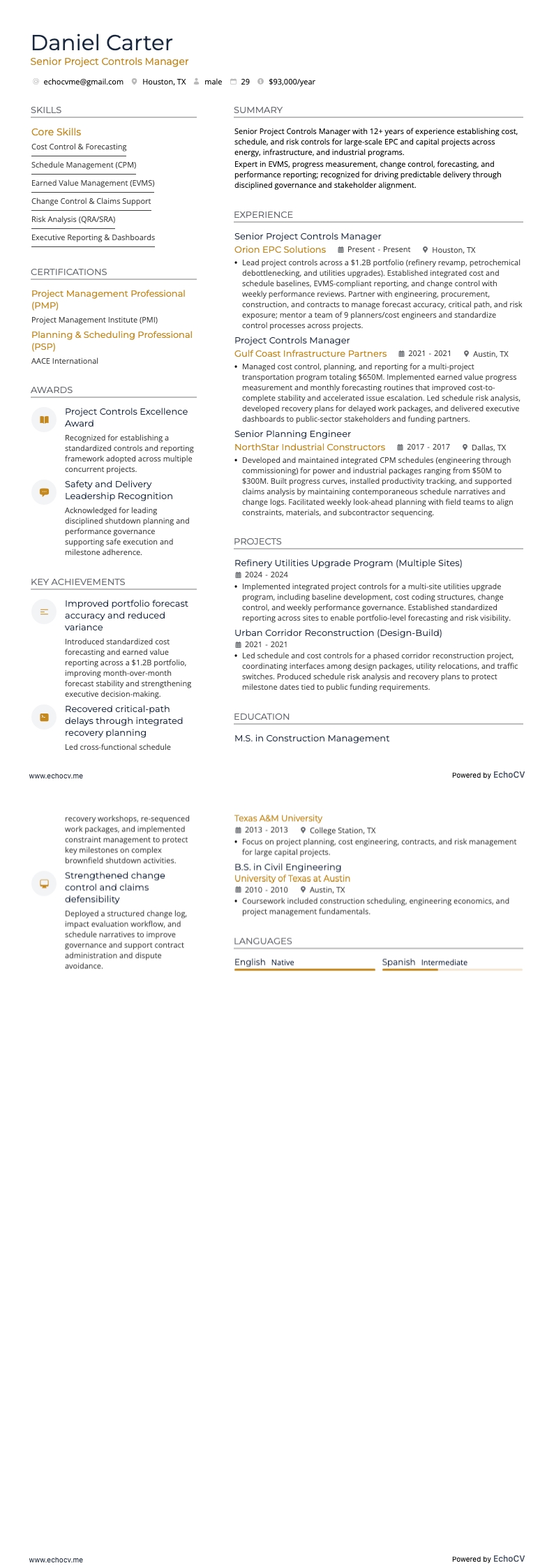 Senior projectcontrolmanager volledige voorbeeldweergave