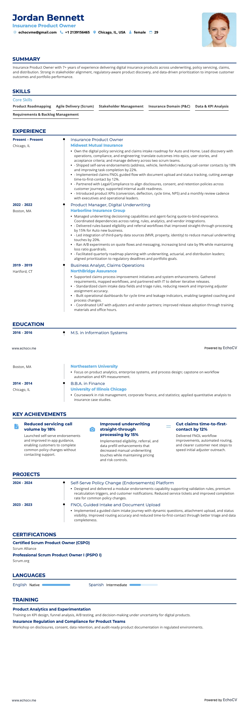 Insurance Product Manager resume example